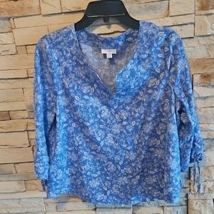 J. Jill Blue Floral Blouse, V Neck, Peasant Style Top